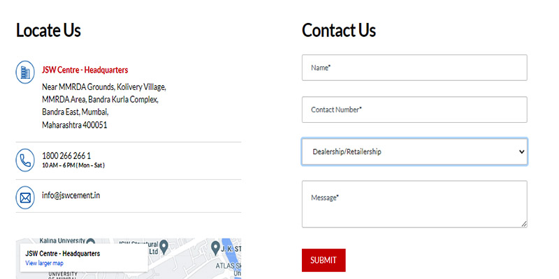 JSW Cement Dealership contact number